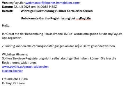 Phishing Mail Paylife 23.07.2025
