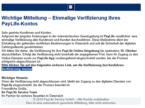 Beispiel für eine Phishing Mail zur Verifizierung des Kontos